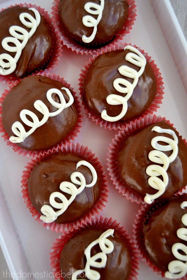 Copycat Hostess Cupcakes arranged in rows in a white dish