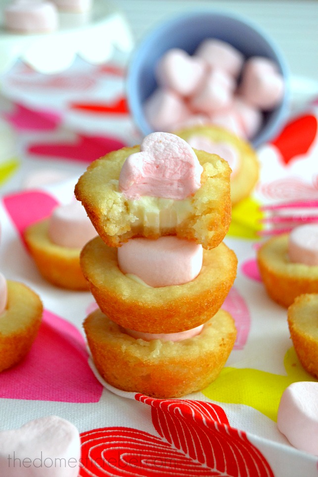 Strawberry Marshmallow Cookie Cups stacked on heart print fabric