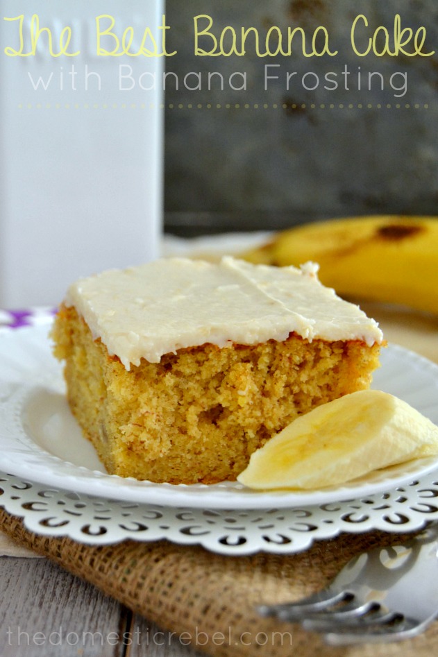 Best Banana Cake with Banana Frosting on white plates with banana and fork in background