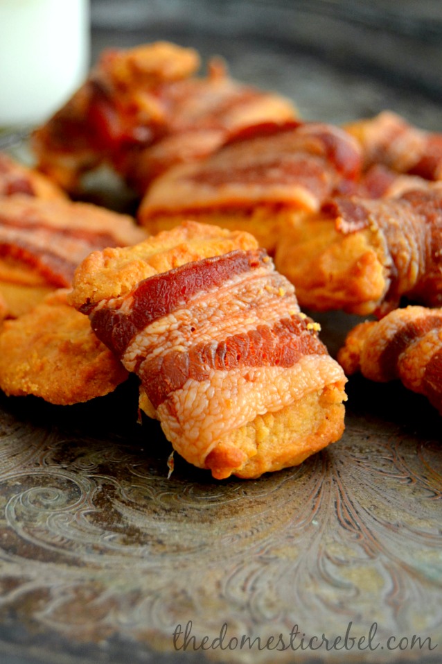 Bacon Shortbread Cookies arranged up close on metal sheet