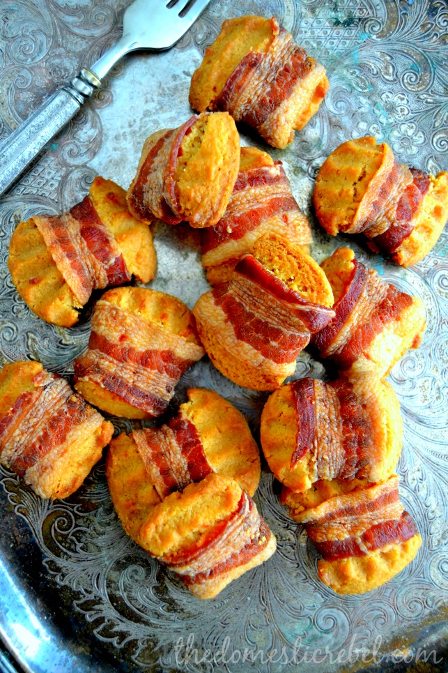 Bacon Shortbread Cookies arranged on metal sheet with a fork