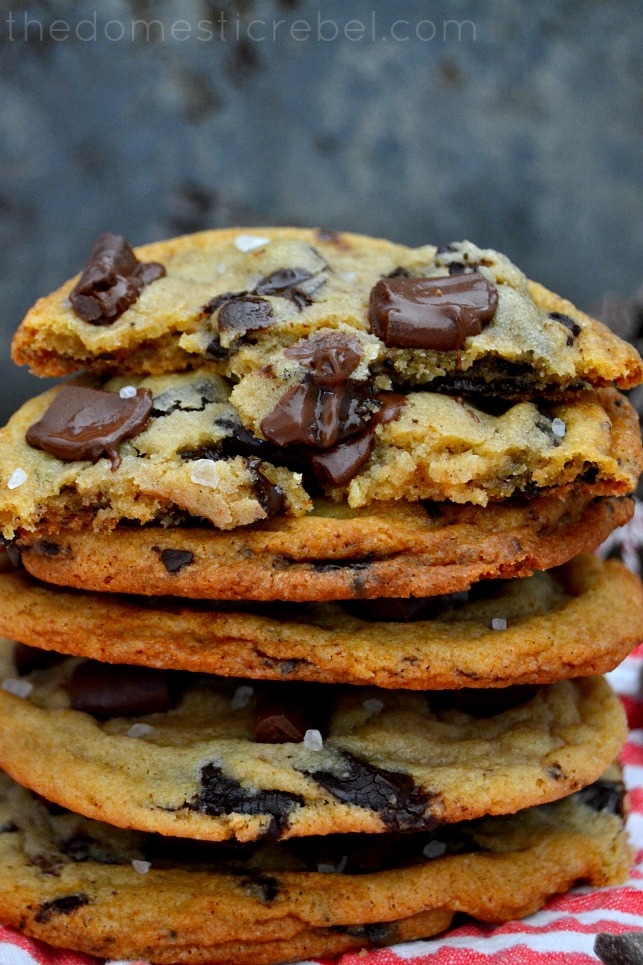 XXL Brown Butter Chocolate Chunk Cookies stacked with melted chocolate cookie on top