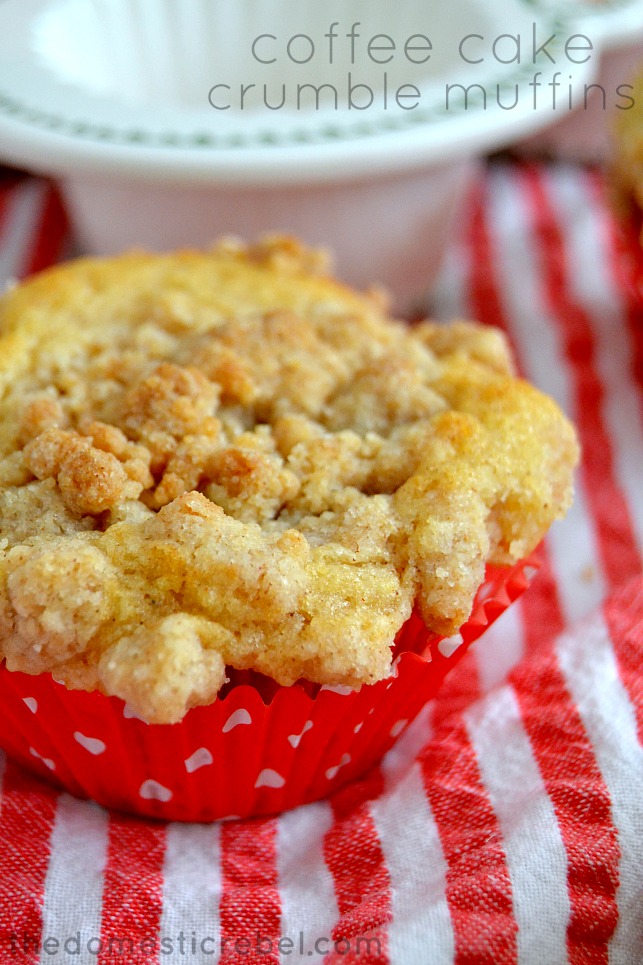 coffee cake crumble muffins in red wrapper on red and white fabric