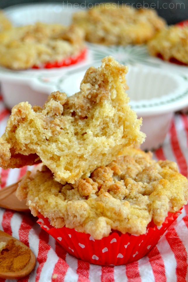 split open coffee cake crumble muffins on red and white fabric