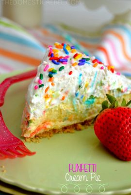 If you're a cake batter lover, you'll love this Funfetti Cream Pie! Light, thick and fluffy, it tastes just like rich and creamy cake batter!