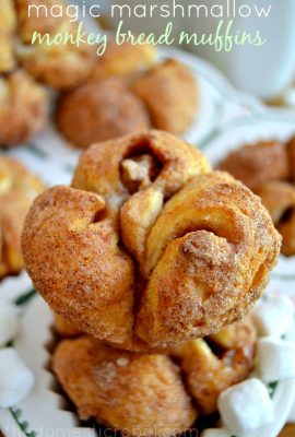 Magic Marshmallow Monkey Bread Muffins are cinnamon-sugar encrusted monkey bread muffins filled with marshmallows! The marshmallows magically disappear during baking, making for a great St. Patrick's Day treat!
