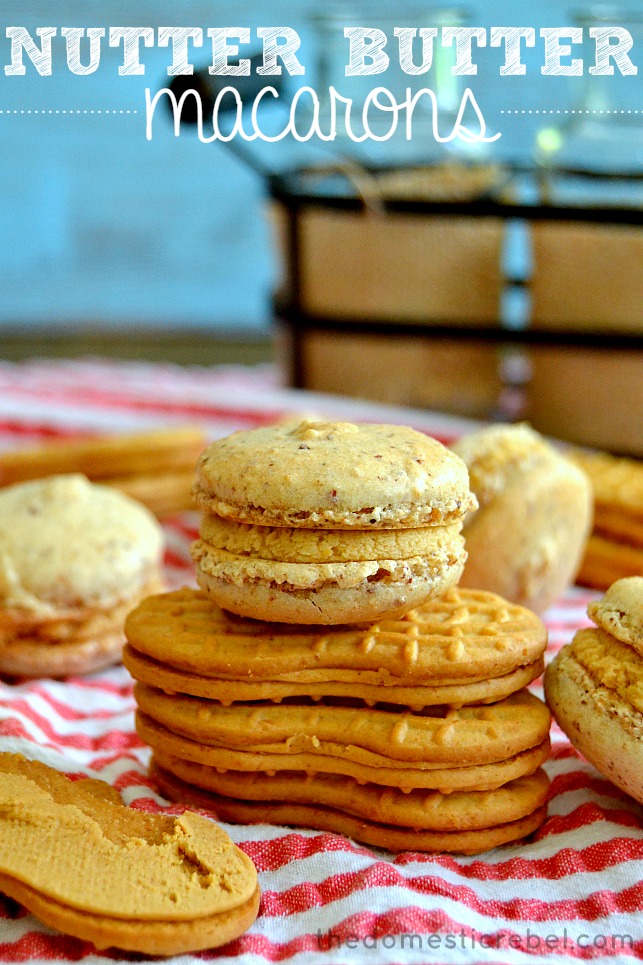 Nutter Butter Macarons arranged with Nutter Butter cookies on red and white background