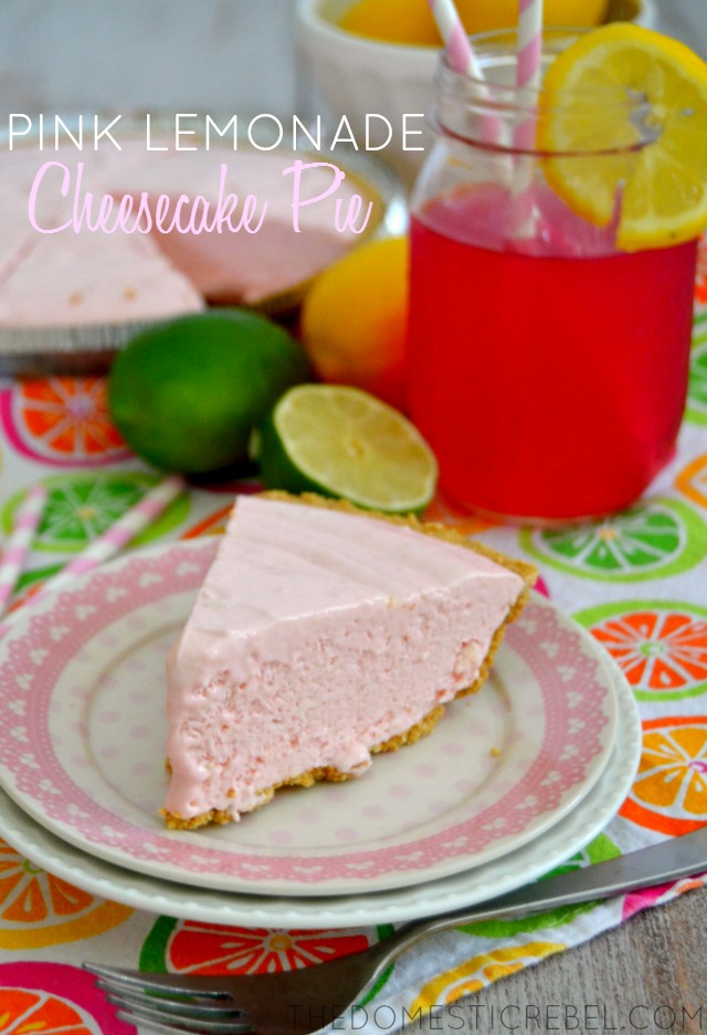 Pink Lemonade Cheesecake Pie on pink plate with pink lemonade and limes in background