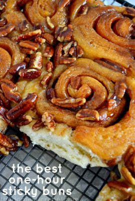 The BEST One-Hour Sticky Buns! Fluffy, homemade rolls swirled with cinnamon & brown sugar, baked in a sweet and sticky homemade caramel, and baked with nutty pecans. So heavenly, and ready in 60 minutes!
