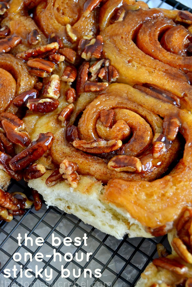 one hour pecan sticky buns arranged on a wire rack
