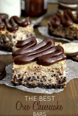 These rich & creamy Oreo Cheesecake Bars really are the BEST! Soft, luscious and bursting with chocolate, they're a cookies & cream lover's dream!