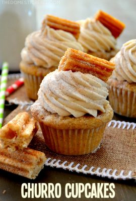 These Churro Cupcakes are bursting with cinnamon sugary goodness in every bite! Perfect for Cinco de Mayo or any occasion that calls for a moist, sweet and fluffy cinnamon-spiced cupcake topped with a crispy churro!