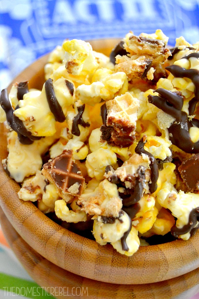 nutty buddy popcorn in a wooden bowl