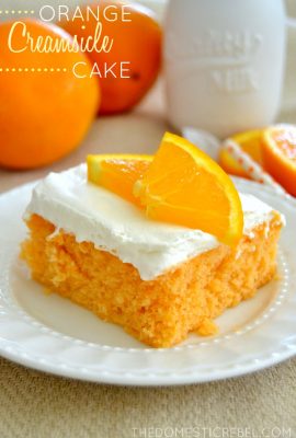 This Skinny Orange Creamsicle Cake is a cake to behold! Bursting with juicy orange and sweet cream flavor, it's a classic that's been lightened-up to a figure-friendly recipe.