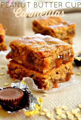 These Peanut Butter Cup Carmelitas are the epitome of sweet and salty! Gooey peanut butter cups meet buttery caramel in these chewy, easy bars!