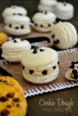 These Cookie Dough Macarons are petite French-style cookies filled with egg-free cookie dough! Surprisingly easy and positively irresistible!