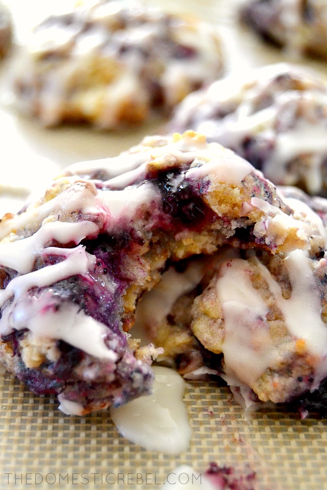 blueberry streusel cookie propped up with bite mark removed