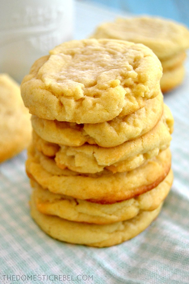 Tall stack of Old-Fashioned Sugar Cookies on blue background
