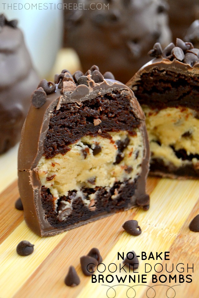 No-Bake Cookie Dough brownie Bombs arranged on wood with mini chocolate chips