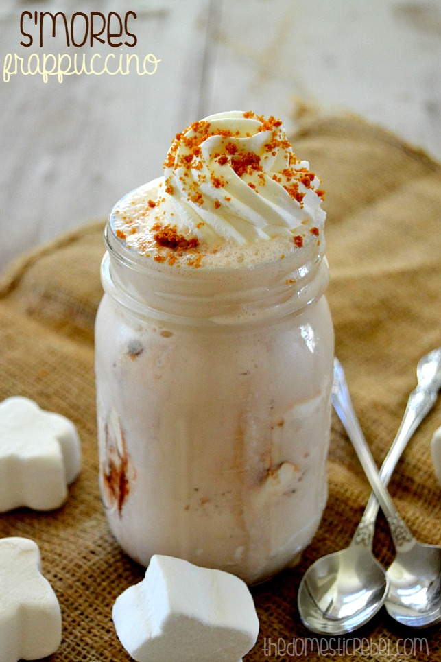 copycat s'mores frappuccino on burlap with spoons and marshmallows