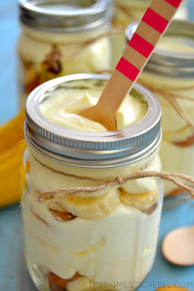 Banana Pudding in jar with pink and tan striped spoon