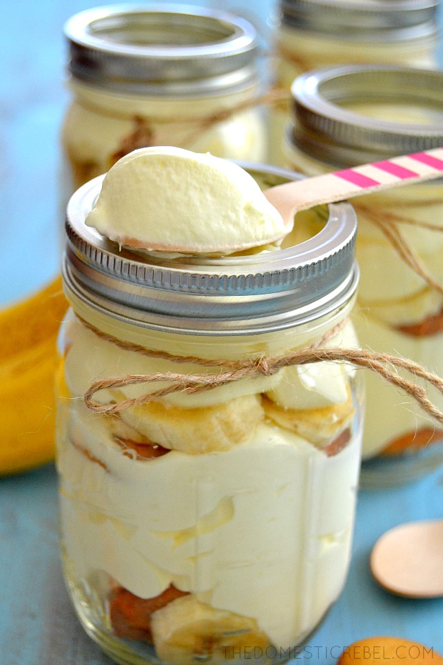 Banana Pudding in a jar with a spoon resting on top