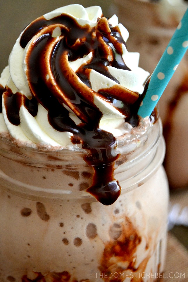 Frozen Hot Chocolate closeup in jar with blue straw