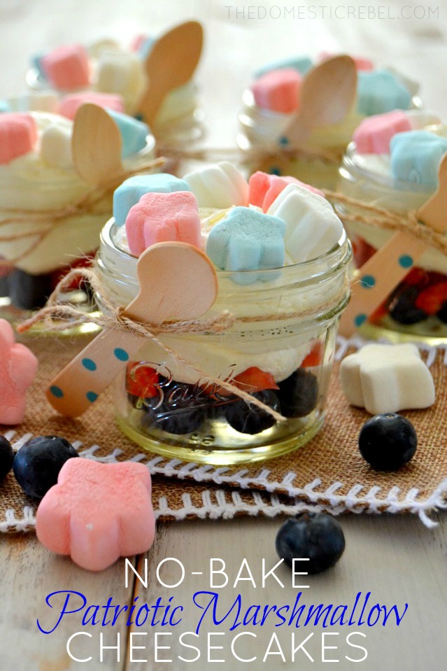 Patriotic Marshmallow Cheesecakes in jars with mini spoons, blueberries and mini marshmallows