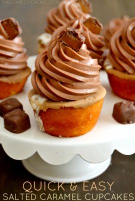 These Quick & Easy Salted Caramel Cupcakes are to-die for! Use store bought caramel cupcakes for the ultimate treat!