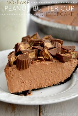 This creamy, dreamy No Bake Peanut Butter Cup Cheesecake is divine! It comes together in minutes, is easy to prepare and tastes like the inside of a peanut butter cup!