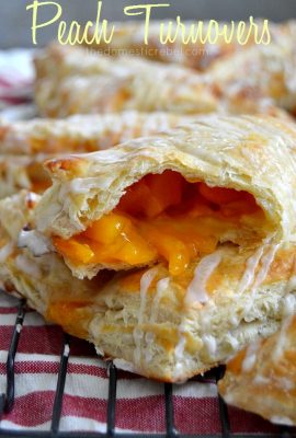 These Peach Pie Turnovers are the EASIEST you'll ever make! Three ingredients, one outrageously delicious, gooey peach turnover. You need this recipe!