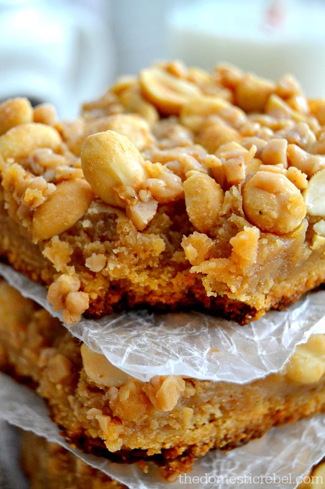 Closeup of Peanut Brittle Bars stacked with bite removed