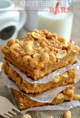 These buttery Peanut Brittle Bars taste just like the candy in a chewy, crunchy bar cookie form! They're easy to make, too!