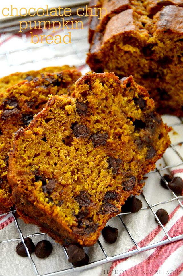 chocolate chip pumpkin bread arranged on wire rack with chocolate chips