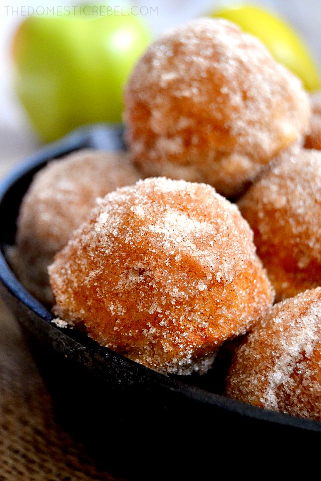 Closeup of Apple Cider Donut Holes arranged in cast iron pan