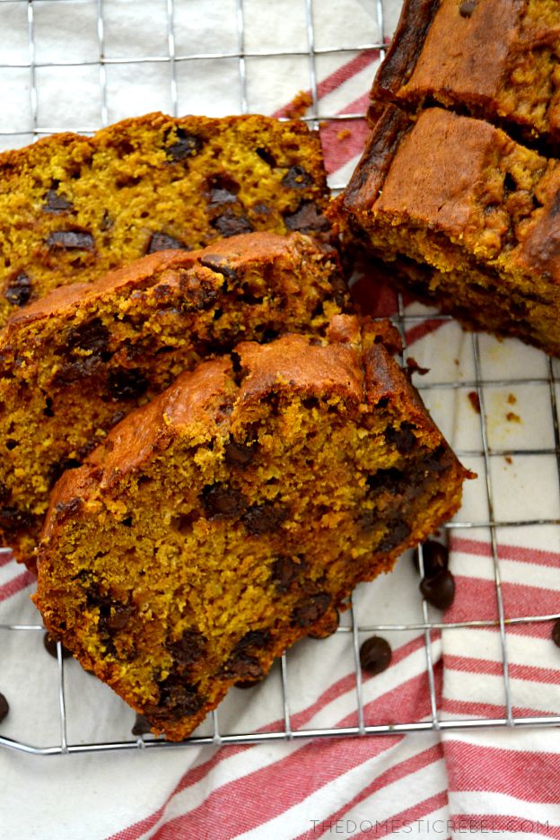 chocolate chip pumpkin bread stacked on wire rack
