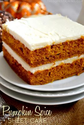 This Pumpkin Spice Sheet Cake is AMAZING! Moist, rich and packed with pumpkin flavor and topped with a cream cheese icing. Perfect for feeding a crowd!