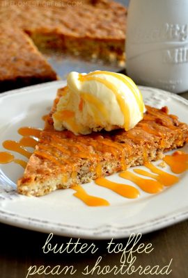 This Butter Toffee Pecan Shortbread is SO easy to whip up and tastes amazing! Tender, buttery, crisp and loaded with caramel toffee and pecans, it's the perfect cookie!