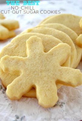 These truly are the BEST Cut-Out Sugar Cookies EVER! Super easy, really quick, no-chilling required and makes a nicely-sized batch. Perfect for decorating and giving as gifts!