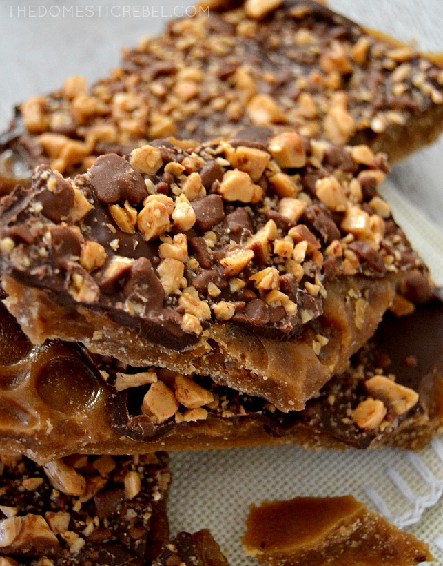 toffee pieces piled onto baking sheet
