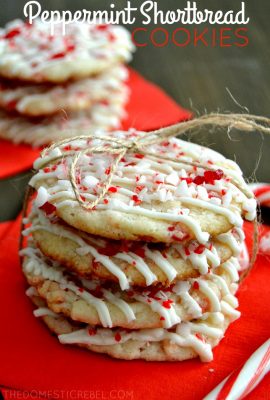 These Peppermint Shortbread Cookies could not be simpler to whip up! They start with a mix and are jazzed up with the addition of cool peppermint chips and a healthy drizzle of white chocolate.