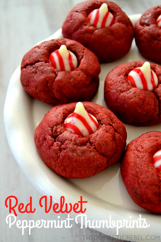 red velvet thumbprint cookies on white plate