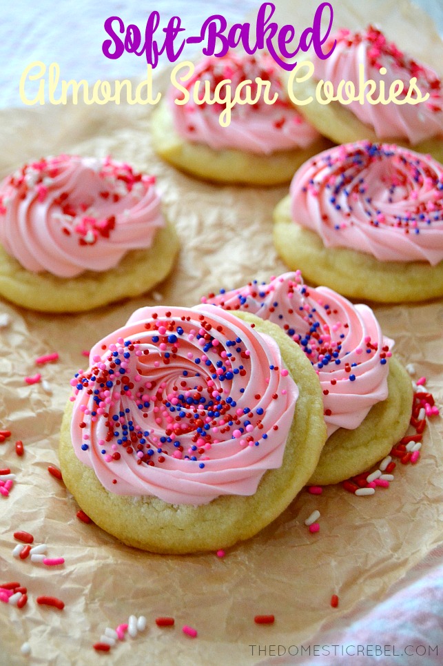 Soft-Baked Almond Sugar Cookies arranged on brown parchment with sprinkles