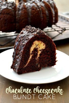 This Chocolate Cheesecake Bundt Cake is so supremely moist, rich and utterly decadent! No one will know it has a secret creamy cheesecake filling! So easy and impressive!