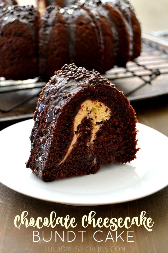 Chocolate Cheesecake Bundt Cake slice on white plate with cake in background
