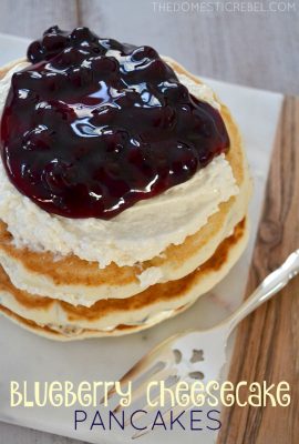 These Blueberry Cheesecake Pancakes are such a cinch to make! Fresh, soft blueberry pancakes are topped with a lusciously creamy cheesecake filling and finished with blueberry pie filling. The perfect every day indulgence!