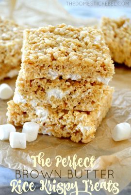 These Brown Butter Rice Krispy Treats are utter perfection! Nutty, buttery, gooey and a hint of vanilla completes this classic dessert recipe!