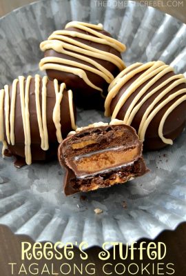 These Reese's Stuffed Tagalong Cookies are such an easy and impressive dessert! No-bake, takes minutes to make, and is ultra peanut buttery and chocolaty! My new go-to cookie recipe!