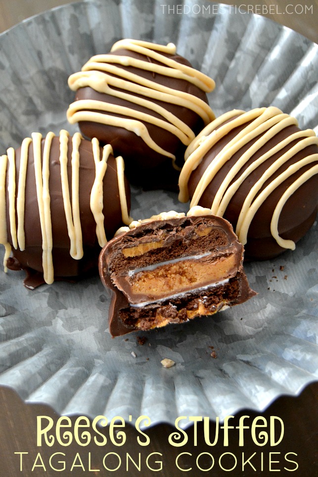 Reese's Stuffed Tagalong Cookies arranged on metal cake stand
