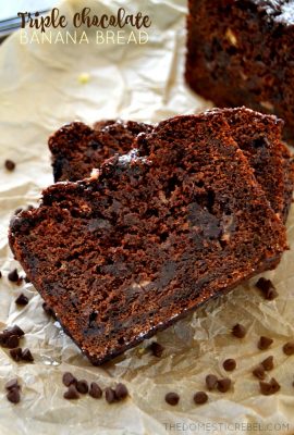 This Triple Chocolate Banana Bread is so moist, soft and tastes just like chocolate cake! The SECRET INGREDIENT takes this bread over the top! Breakfast has never tasted so good :)